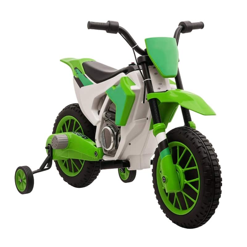 Kids Ride-On Motorcycle 12V with Rechargeable Battery and Dual Shock Removable Training Wheels - 42"L x 20.25"W x 26.75"H - Green