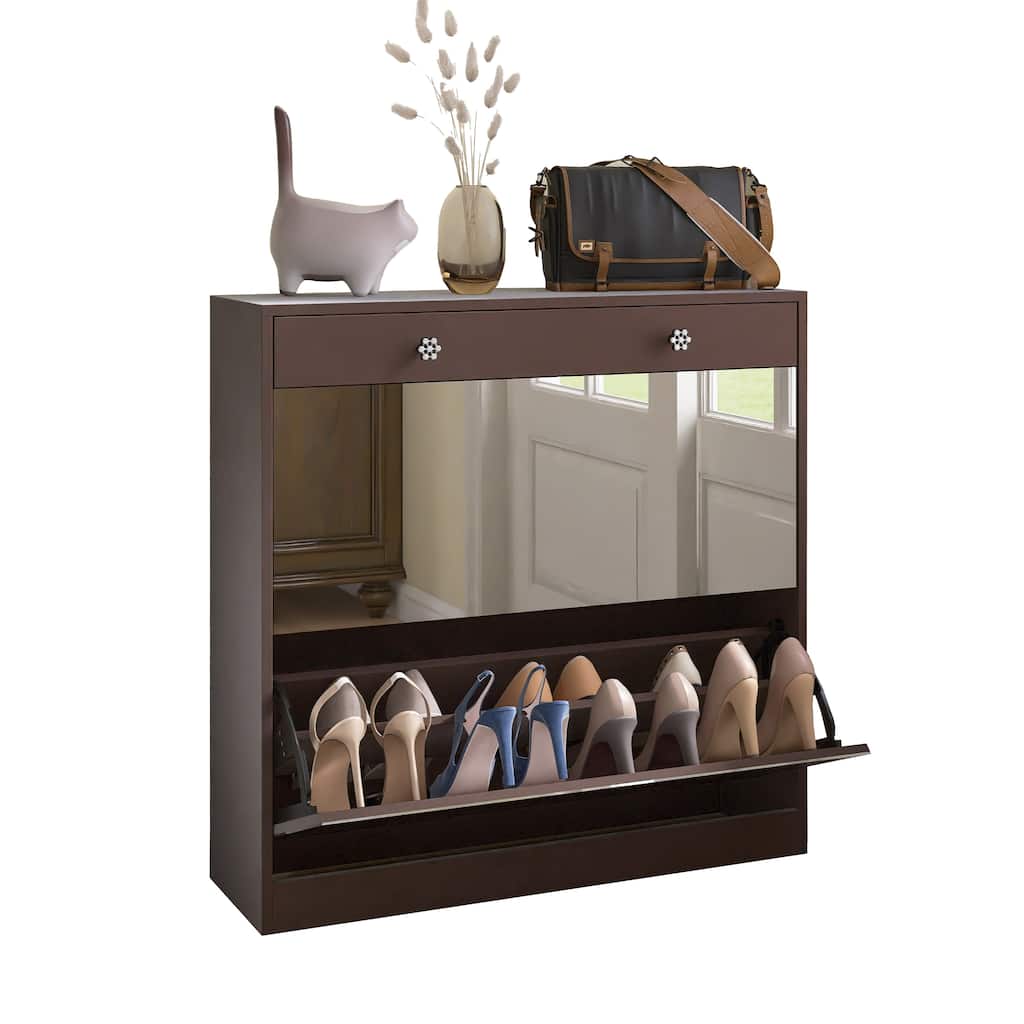 Mirror Shoe Cabinet with 2 Tier Drawers, Mirror Shoe Rack With 1 Drawer Storage
