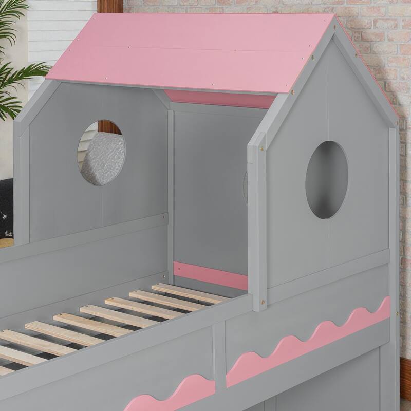 Twin Over Twin Bunk Bed with House Design, Staircase Storage Drawers and LED Lights, Kids Castle Bunk Bed