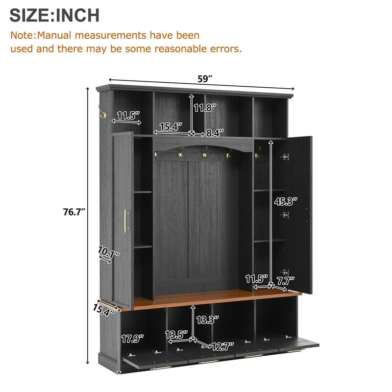 59" Farmhouse Hall Tree - 4-in-1 Entryway Bench with Golden Hooks, Adjustable Shelves & Shoe Storage