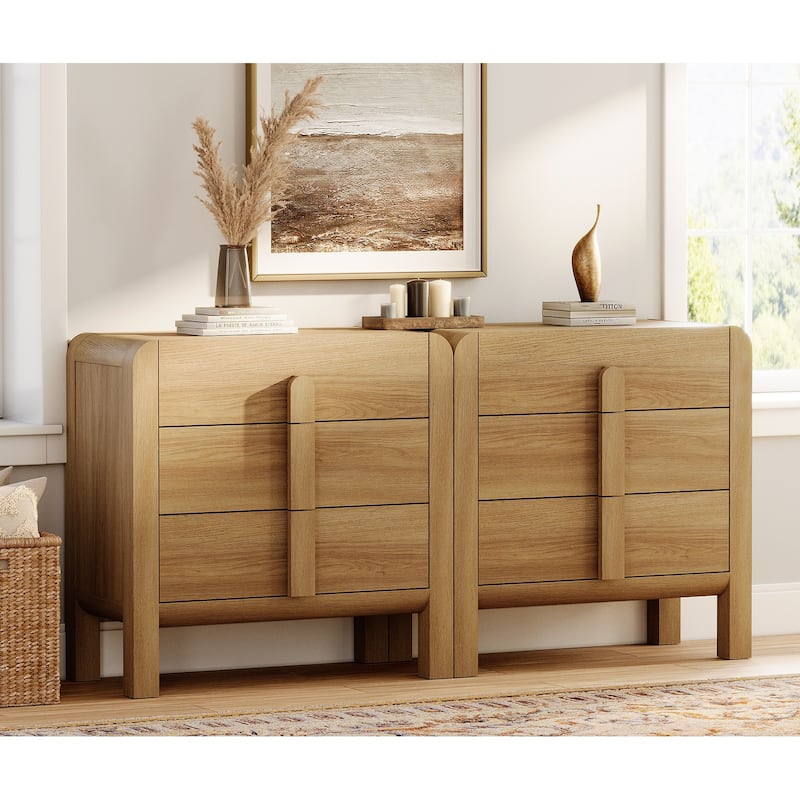 WAMPAT 3 Drawer Curved Dresser For Bedroom Set Of 2, Mid Century Modern Chest Of Drawers, Wood 6 Drawer Dresser - Walnut