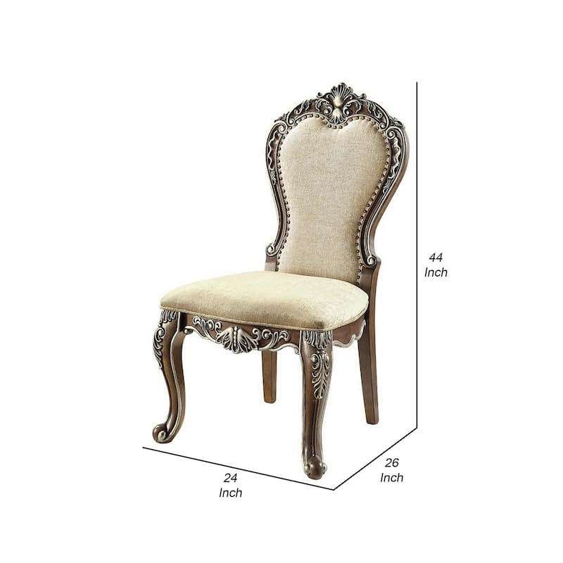 24 Inch Side Dining Chair, Set of 2, Vintage Oak Brown, Beige Chenille