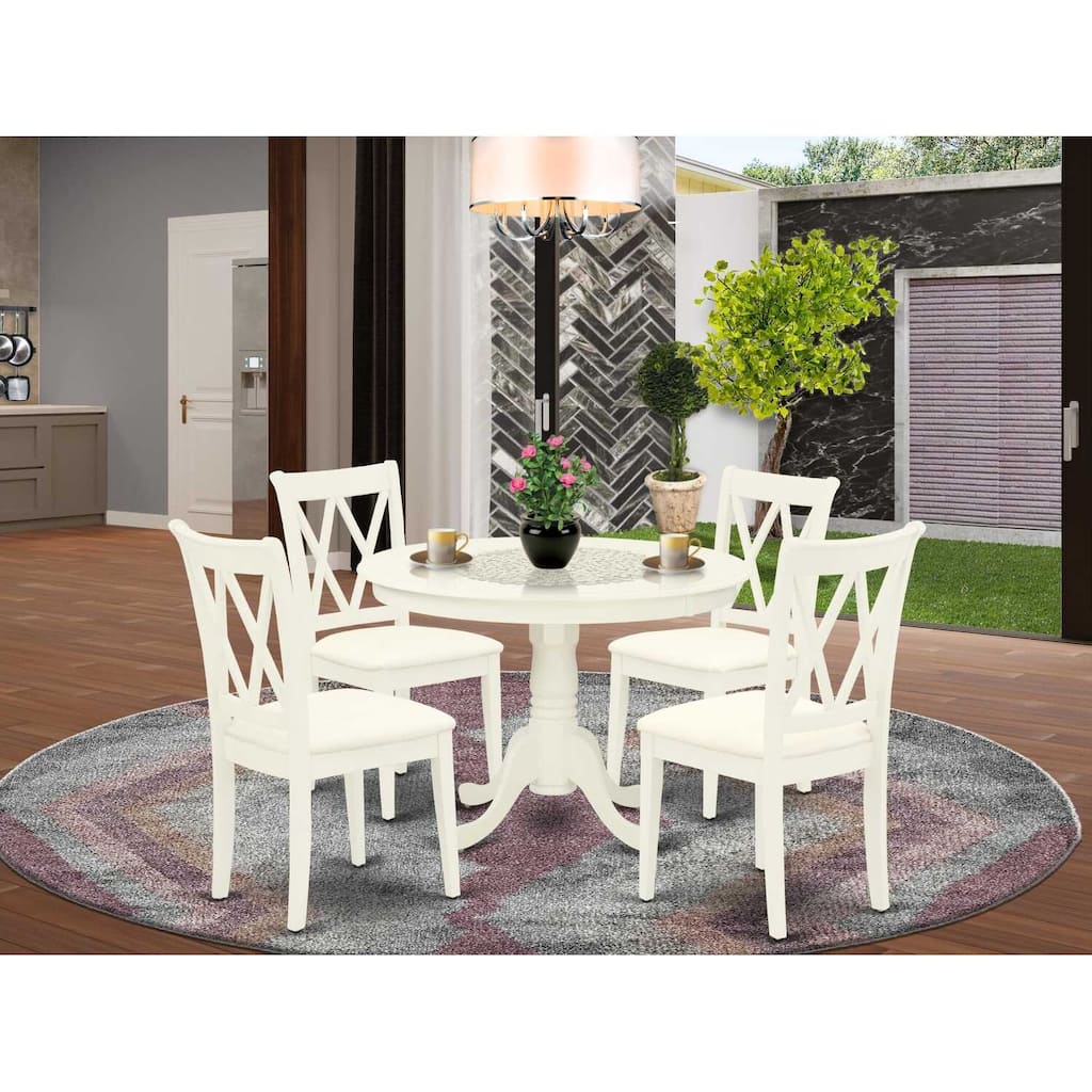HomeStock 5-Piece Round Linen White Finish Solid Wood Top Dining table with 4-Chairs with Cross Back
