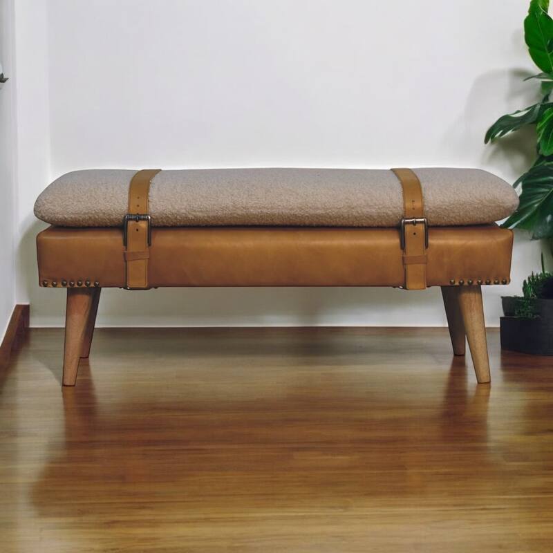 Artisan Furniture Solid Wood Bouclé Buffalo Hide Tan Leather Bench