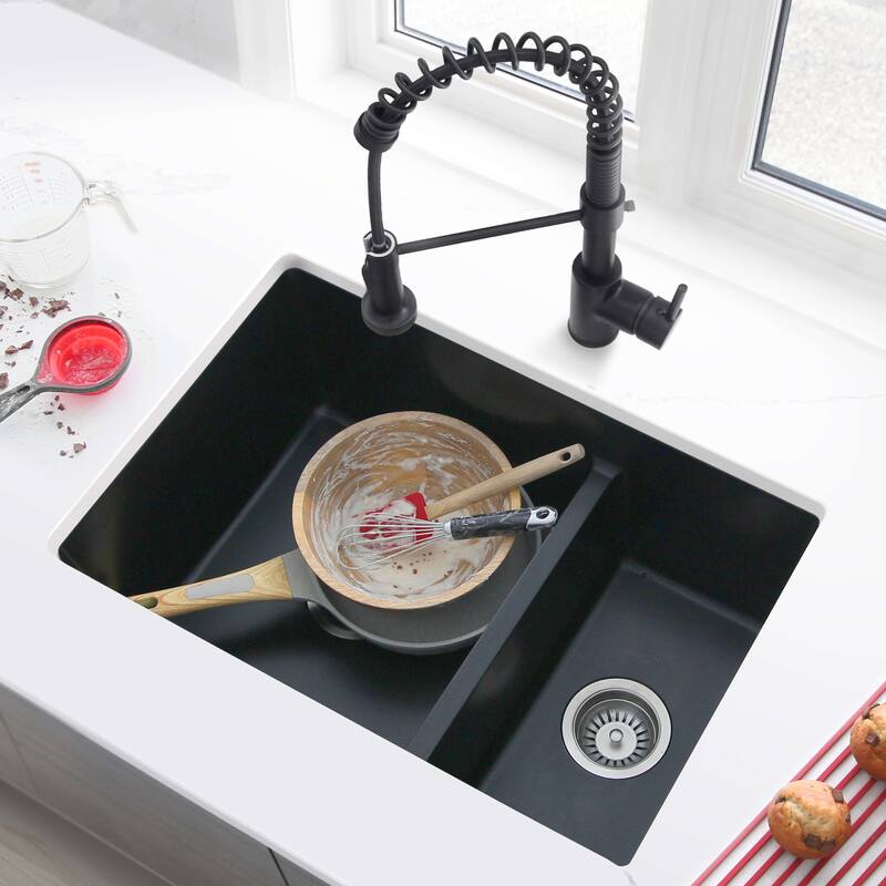 STYLISH 27 inches L x 18 inches W Double Bowl 60/40 Dual Mount Composite Granite Kitchen Sink - 27" x 18" x 9.5" - Black