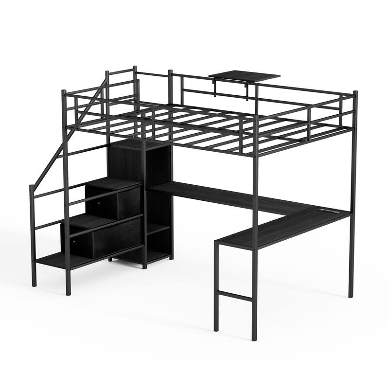 Full Size Loft Bed with L-Shaped Desk, LED RGB Lights, Charging Cradle, Fabric Storage Drawers, Safety Rails & Ladder - Black Full - Full