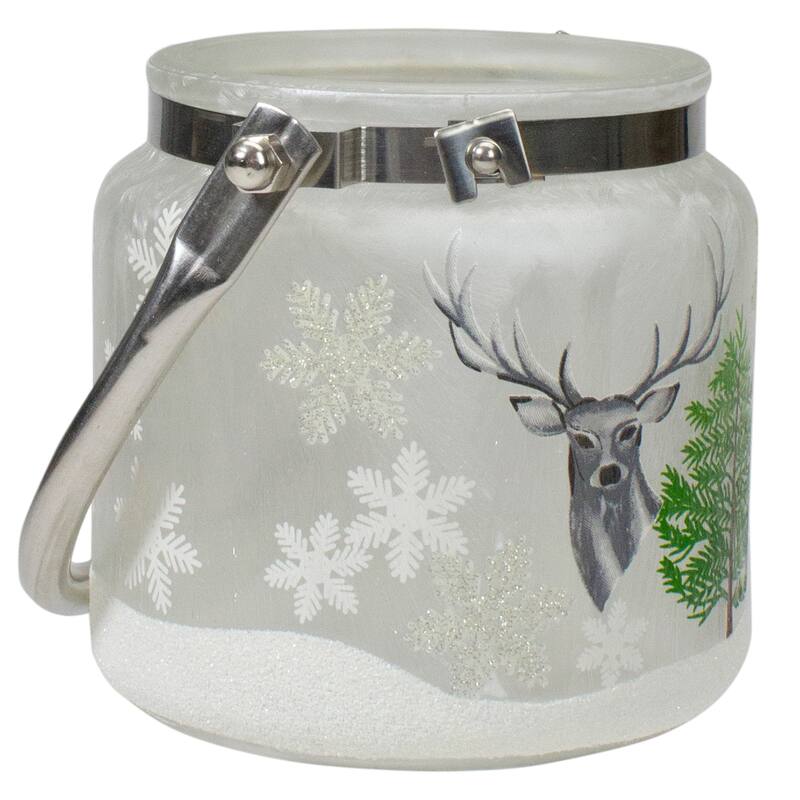 4" Deer, Pine Snowflakes H Painted Flameless Glass Candle Lantern