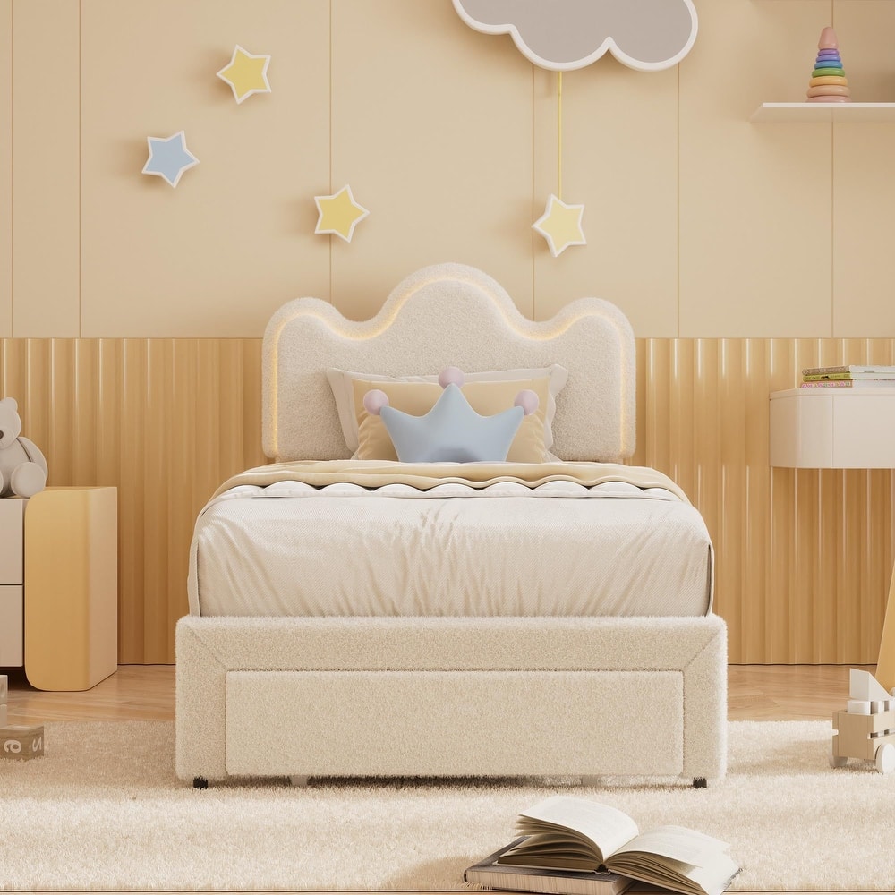 Upholstered LED Bed Frame, with Storage Drawer, No Box Spring Needed