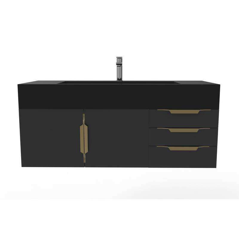 Nile 48" Wall Mounted Bathroom Vanity Set w/ Black Top - Black - Gold Finish
