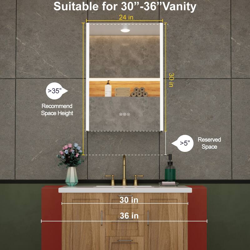 Chloe LED Medicine Cabinet with Mirror, Dimmable, Anti-fog, Adjustable Glass Shelves, Recessed or Surface Mount