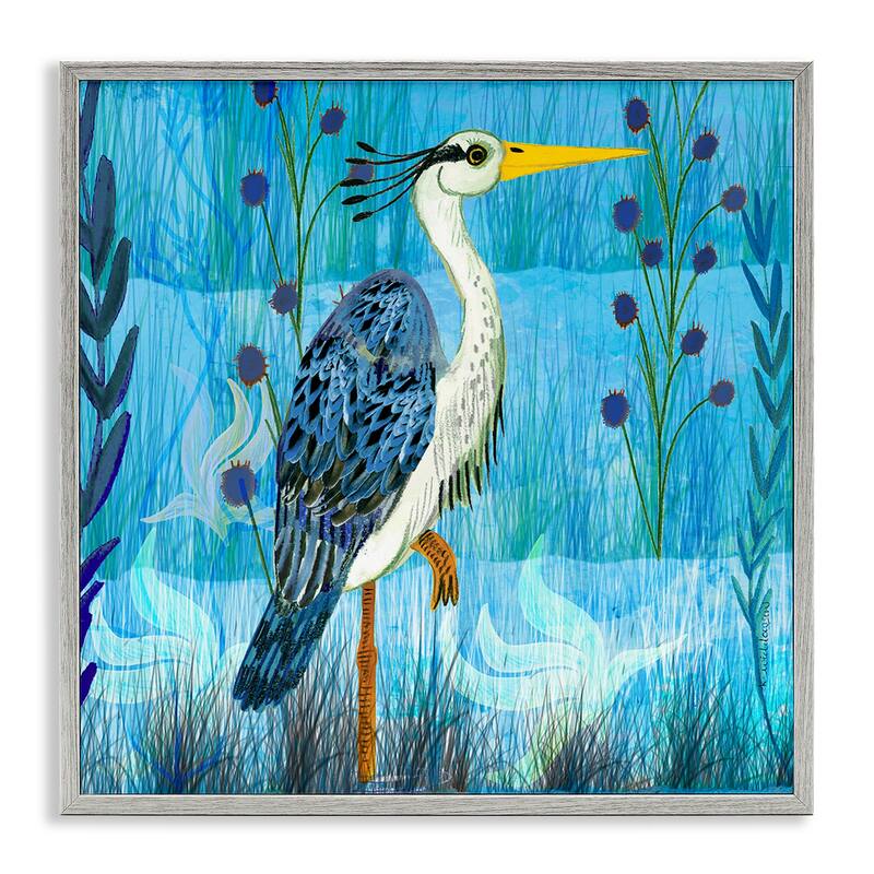 Stupell Standing Crane with Blue Tones Framed Giclee Art Design By Kay Widdowson - 12 x 12 - Grey