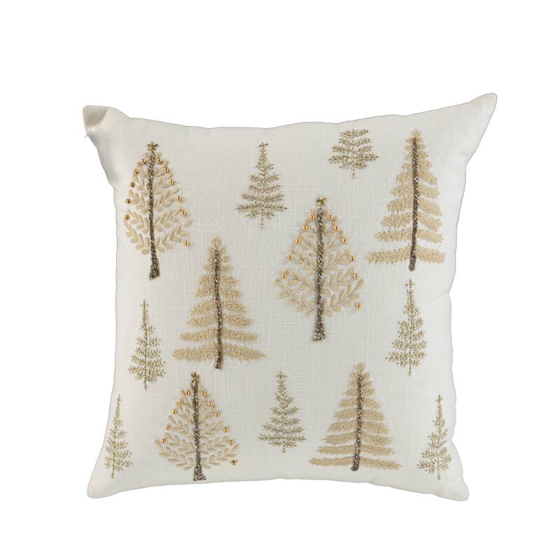18" Natural Silver And Gold Cotton Christmas Trees Throw Pillow With Beads And Embroidery