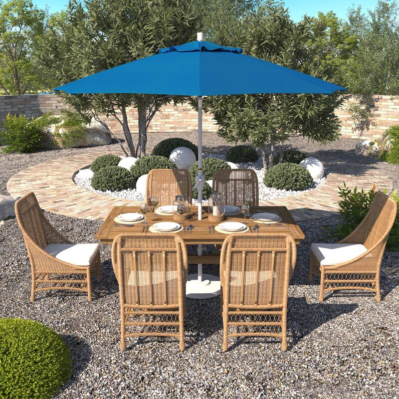California Umbrella 9' Round Crank Lift Push Button Tilt White Aluminum Patio Umbrella with Pacifica Pacific Blue Fabric - Pacific Blue
