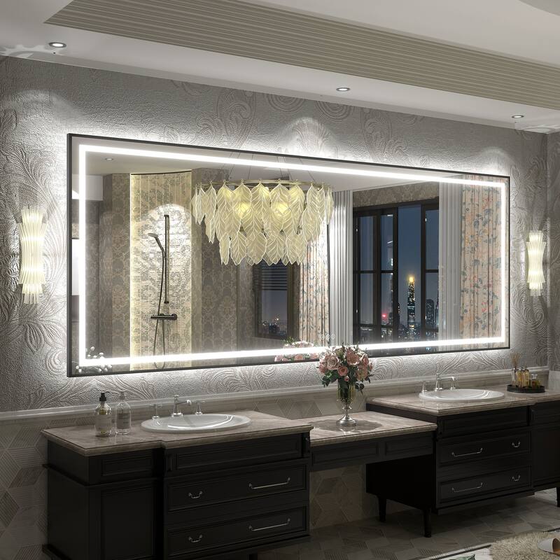 Black Metal Framed LED Front Light and Backlit Anti-Fog Wall Bathroom/ Vanity Mirror - 96" x 36"-Square Corner - Black