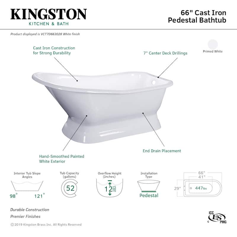 Kingston Brass Aqua Eden 66" Cast Iron Free Standing Tub with 7"