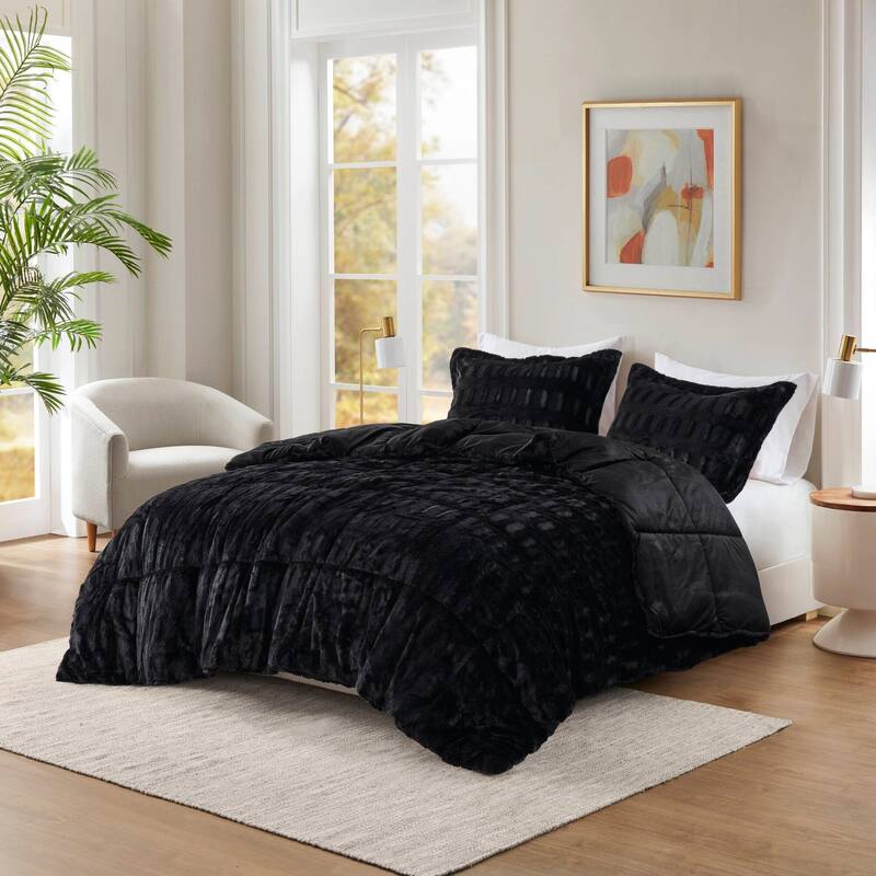 2 PCS Twin/Twin XL Solid Faux Fur Comforter Mini Set Black - Black