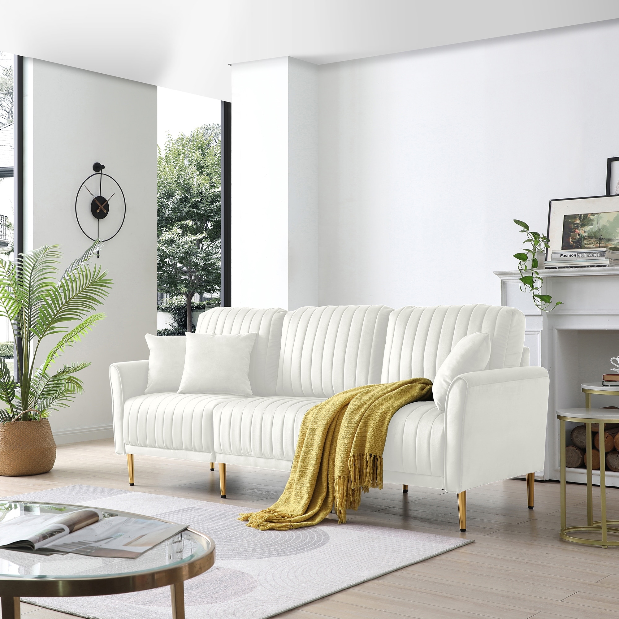 Velvet Upholstered 3 Seater Sofa w Deep Channel Tufting Cream