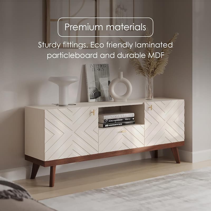 Living Skog Alba Beige TV Stand Console with Drawer Fits TV's up to 65 in. with Wood Legs Mid Century Modern Design