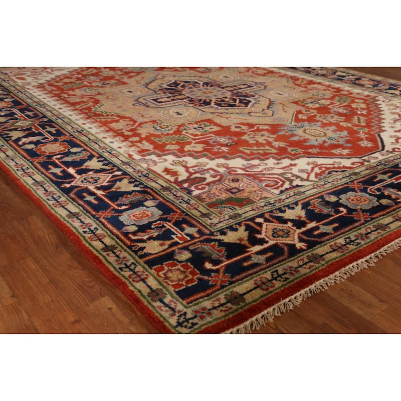 Medallion Heriz Serapi Indian Rug Hand-Knotted Oriental Wool Carpet - 7'11" x 9'9" - 7'11" x 9'9" - Orange