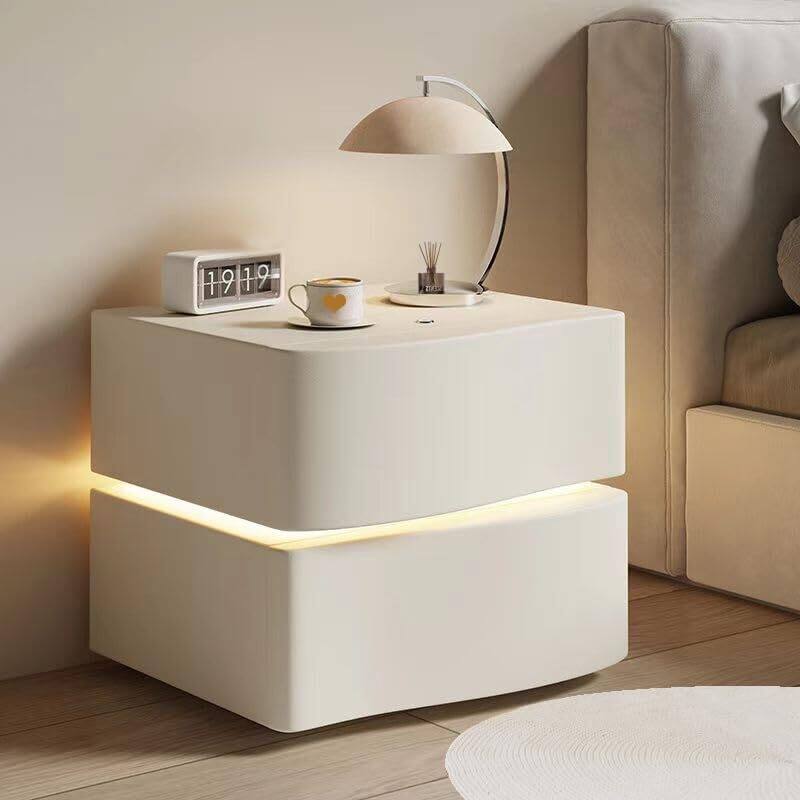 Modern Leather Nightstand with LED Light & 2 Drawers