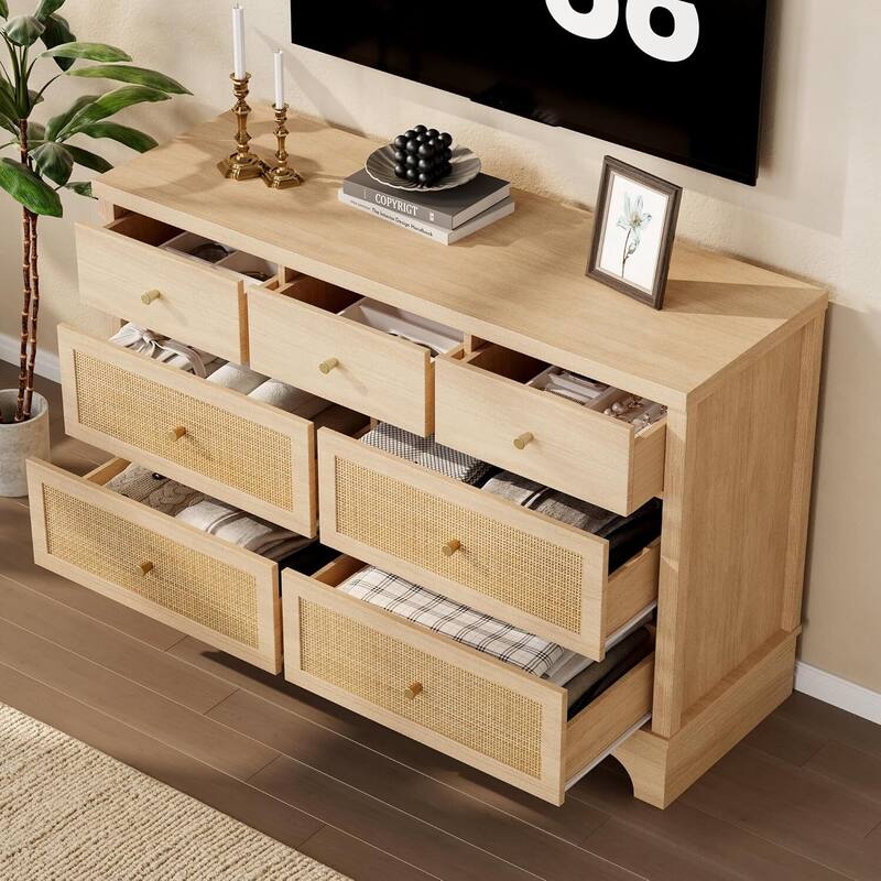 47.3" Wide Rattan 7 Drawer Dresser Storage Organizer for Bedroom