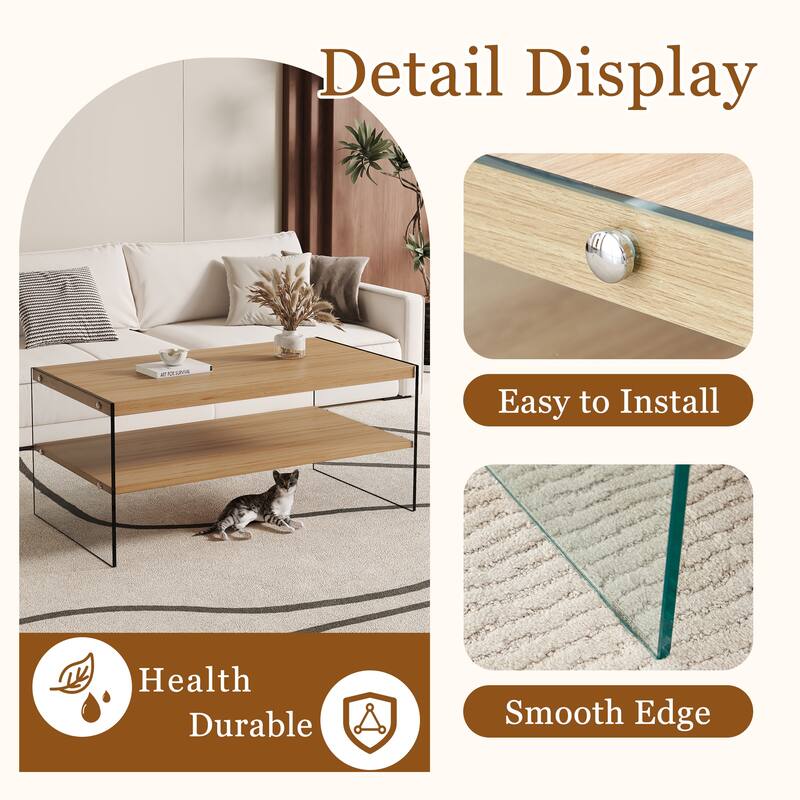 43.3" Modern Rectangular Coffee Table with Tempered Glass Legs and Storage Shelf