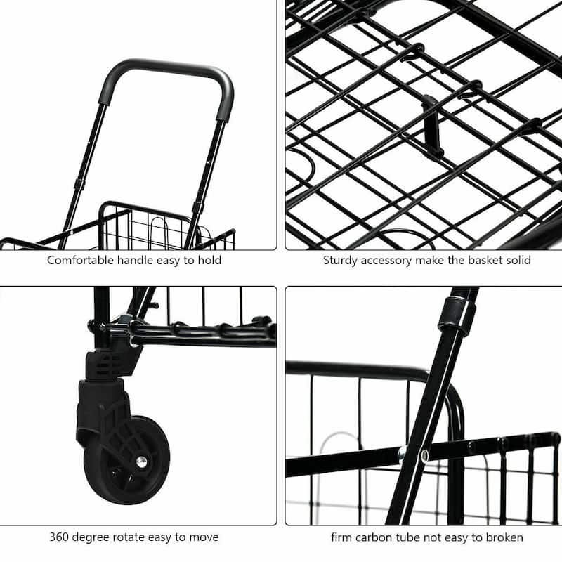 Costway Folding Shopping Cart Jumbo Basket Rolling Utility Trolley - 17'' x 19'' x 35''/37.5''