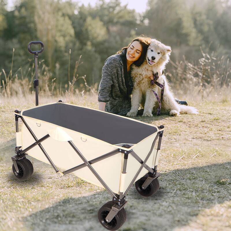 Heavy Duty Utility Folding Wagon Cart with Big Wheels, Adjustable Handle&Drink Holders