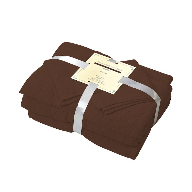 12 Piece Towel Set 600 GSM Long-Staple Combed Cotton Absorbent Bath Towels - Brown