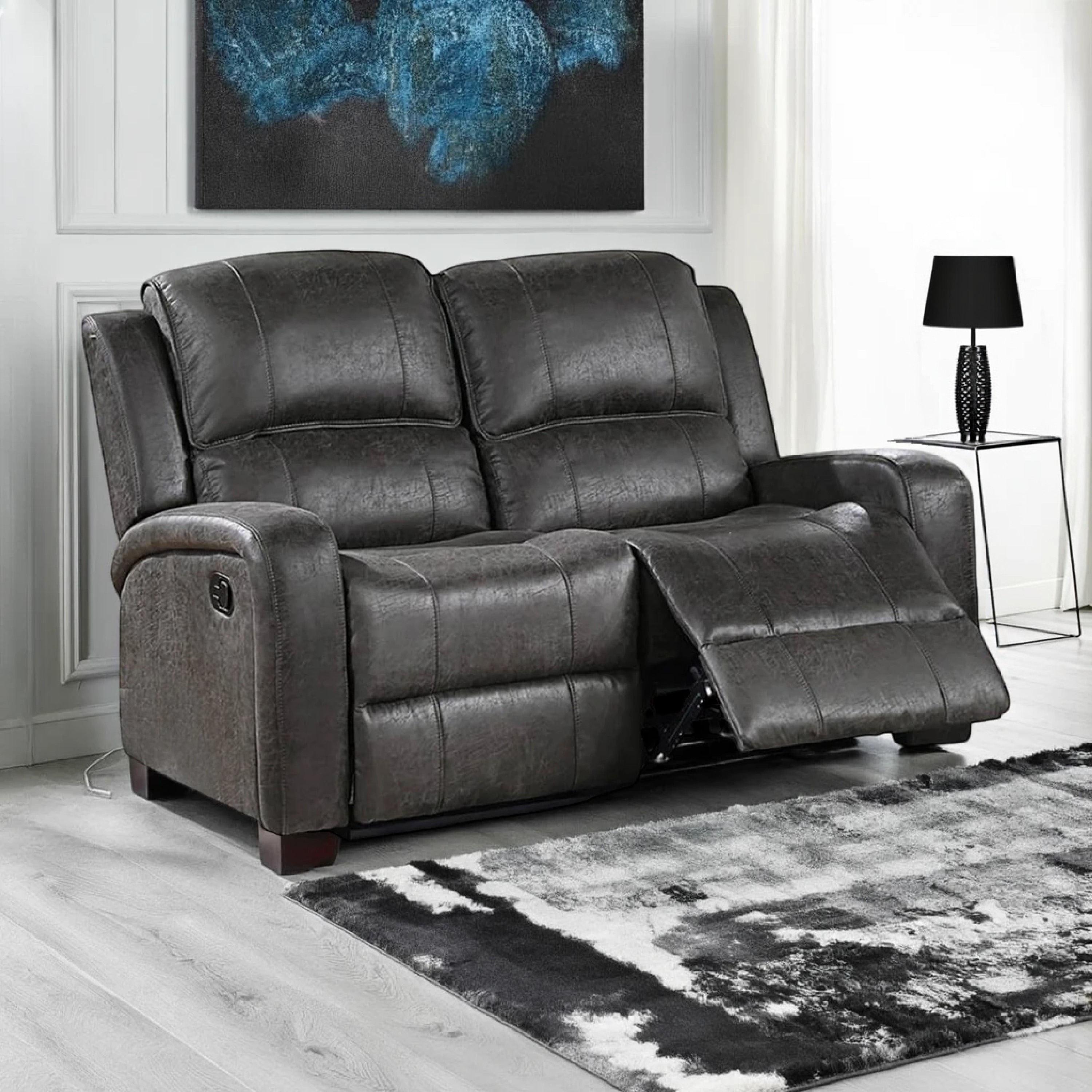 Benjara Charles Manual Recliner Loveseat, Smoke Gray Faux Leather, 55 Inch
