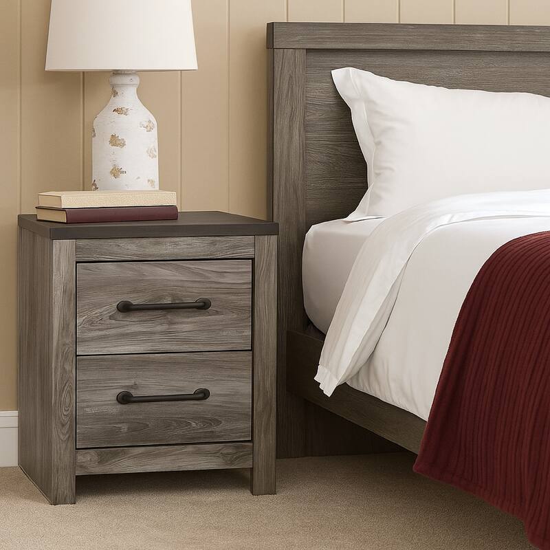 Bono Nightstand, 2 Storage Drawers, 25 Inch, Wood Grain Gray Finish