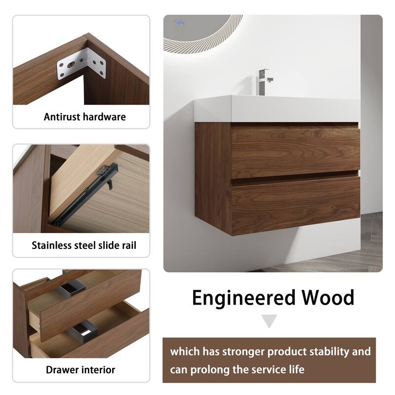 24/30/36 Single Sink Wall-Mounted Bathroom Vanity with Integrated Thick Edge Resin Sink