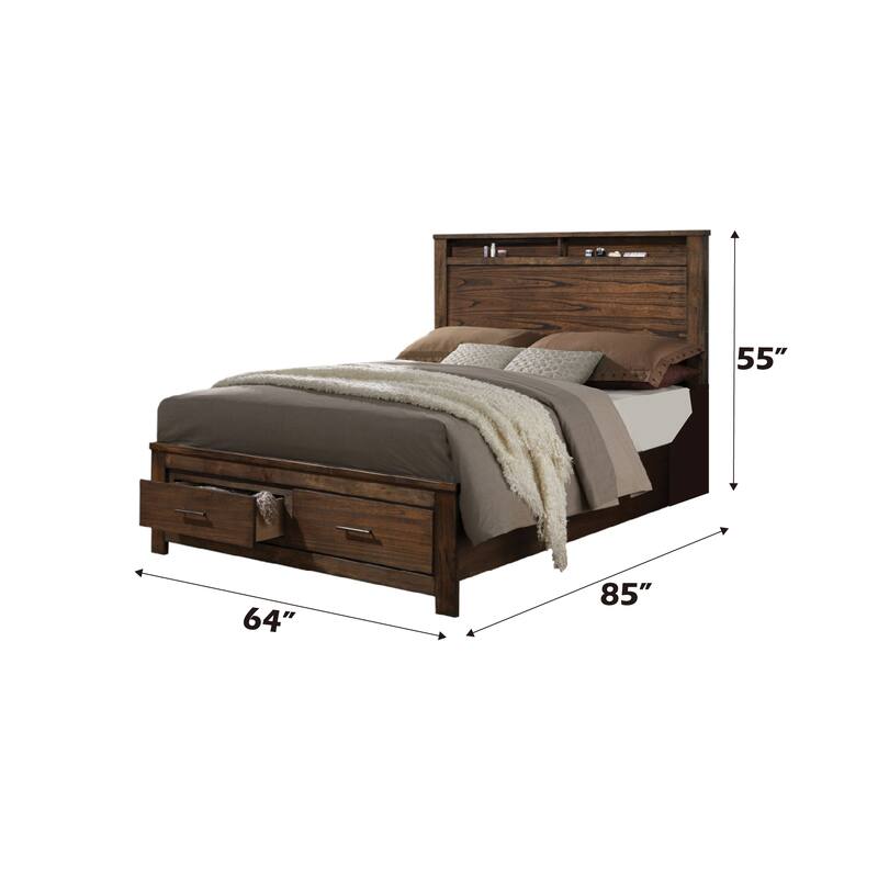 Queen Size Synthetic Wood Storage Bed with Shelf Headboard and 4 Drawers