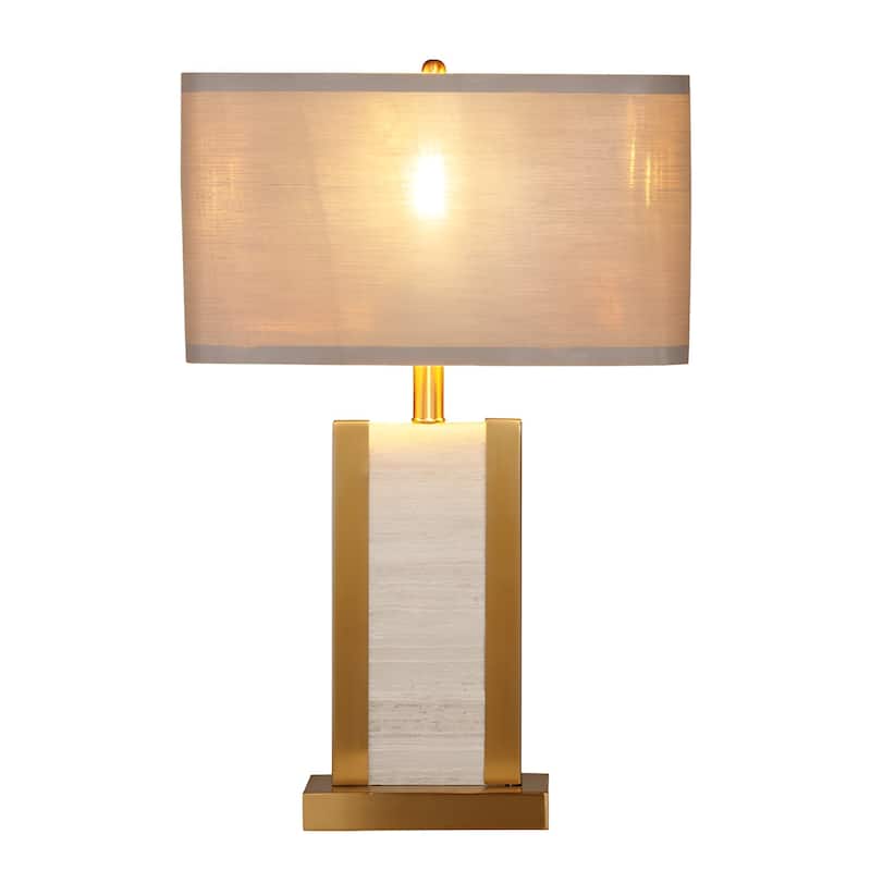 Natural Alabaster Stone Desk Lamp, Travertine Gold Metal Table Light, Pale Gray Shade Mid-Century Modern - N/A