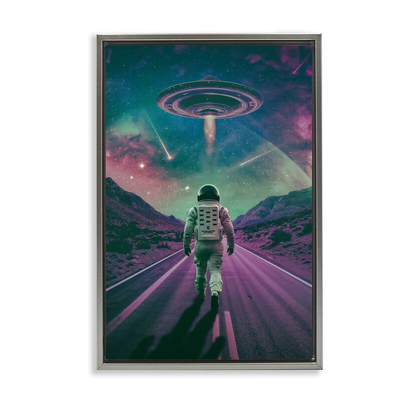 Stupell Alien Spaceship over Astronaut Framed Floater Canvas Wall Art Design By Wumples - 21 x 31 - Grey