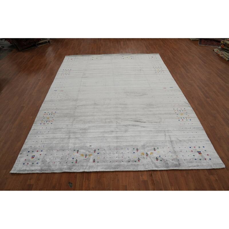 Hand Knotted Oriental Viscose Silk Carpet Tribal Animal Pictorial Greys & Charcoal Gabbeh Area Rug - 11' 10'' X 8' 10''