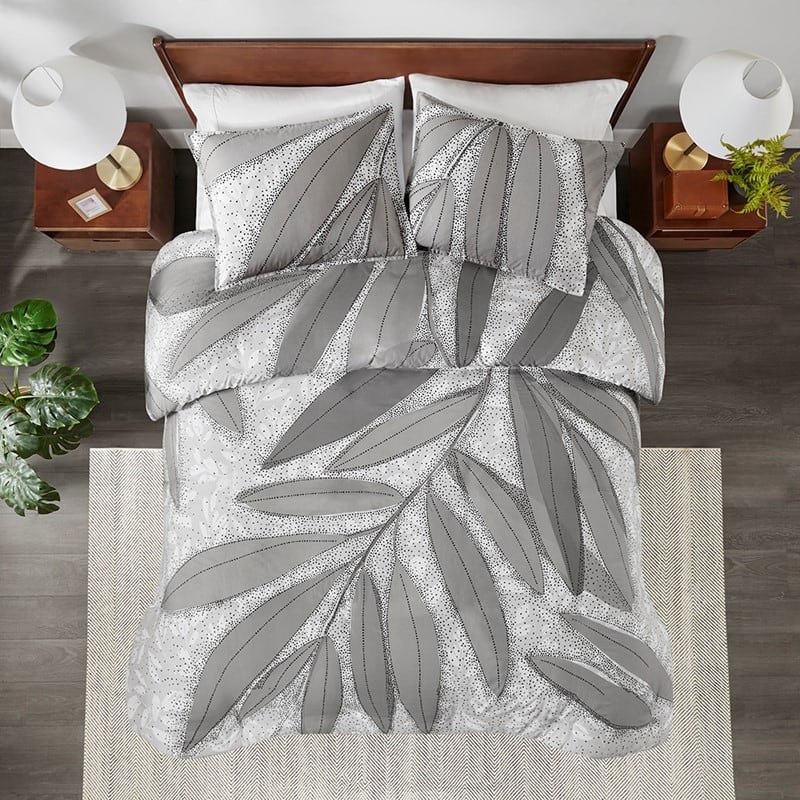 3 PCS Full/Queen Botanical Cotton Duvet Cover Set Gray