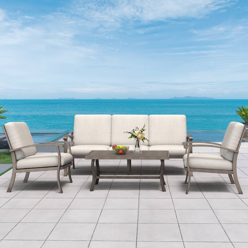 5-Person Aluminum Patio Conversation Set with Coffee Table, Sofa and Light Gray Cushions