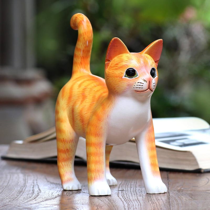 Novica Handmade Curious Kitten In Orange Wood Sculpture