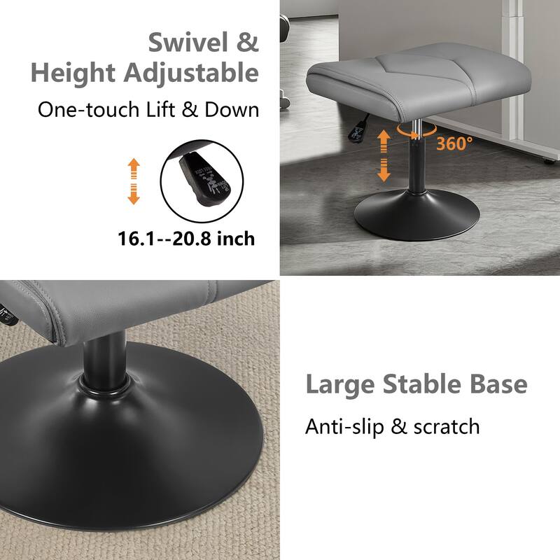 Javlergo Adjustable Height PU Leather Ottoman with 360° Swivel Footrest Stool for Office Under Desk Space Saving Ottoman