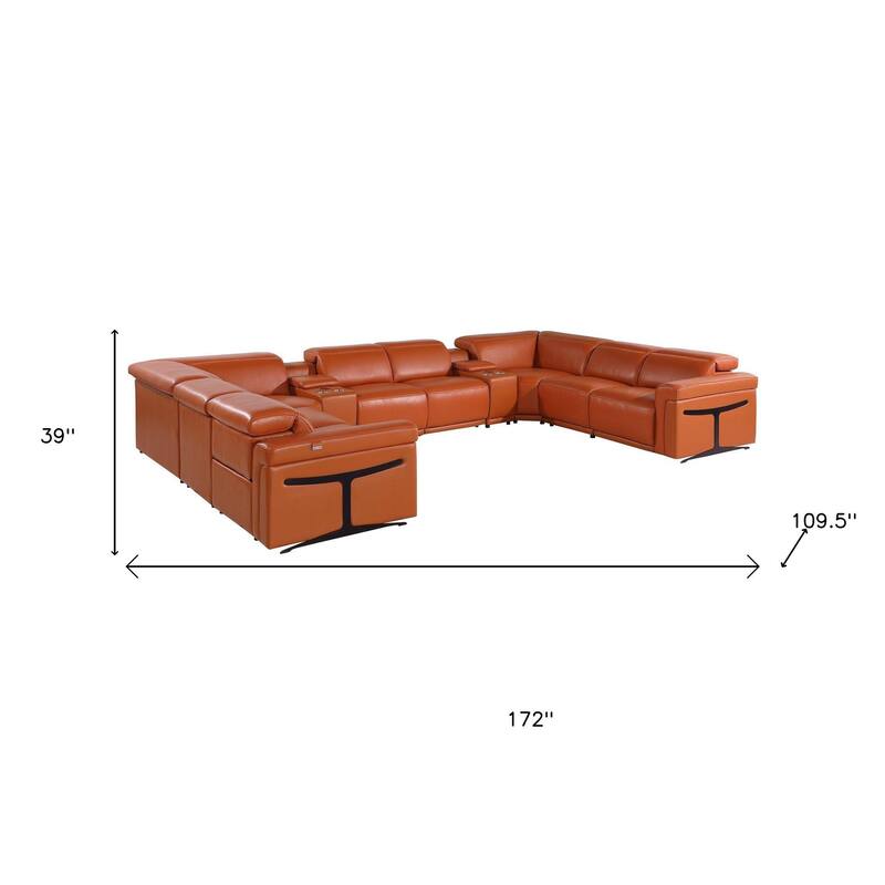 HomeRoots Camel Italian Leather Power Reclining U Shaped Ten Piece Corner Sectional With Console