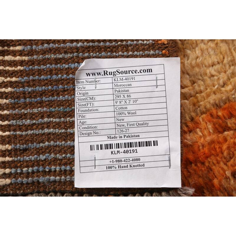 Geometric Orange Moroccan Runner Rug Handmade Wool Carpet - 2'10" x 9'8"