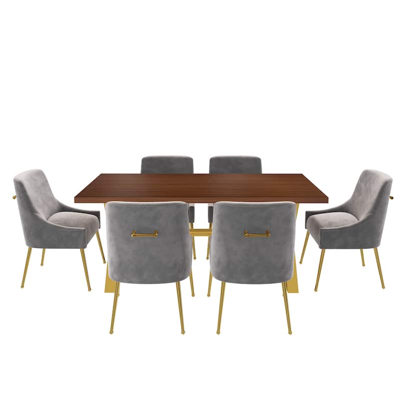 7-Piece Clihome Walut Wood Table with Velvet Chair Dining Chair