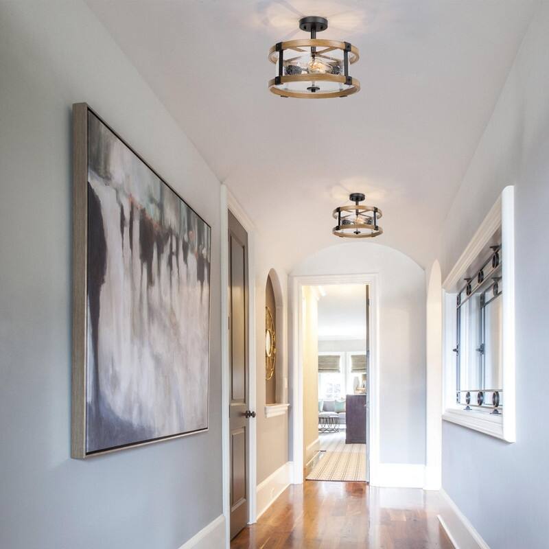 Modern Farmhouse 2-Light Drum Semi-flush Mount Seeded Glass Ceiling Light