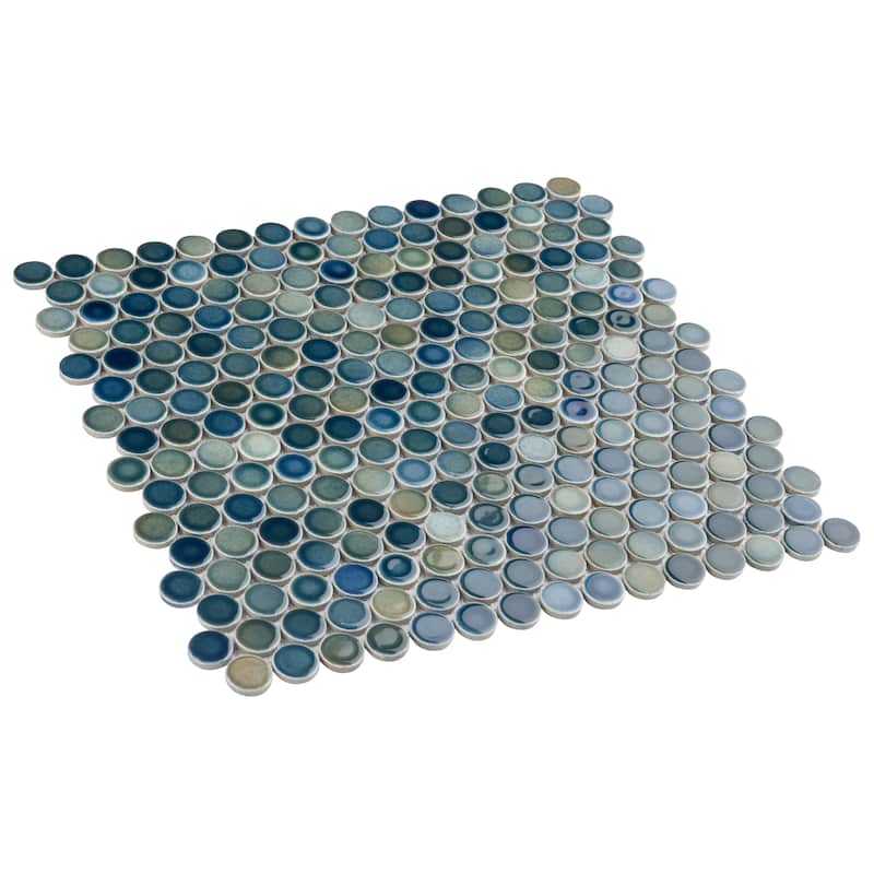 Merola Tile Hudson Penny Round Lagoon 11-7/8 x 12-5/8 Porcelain Floor and Wall Mosaic Tile