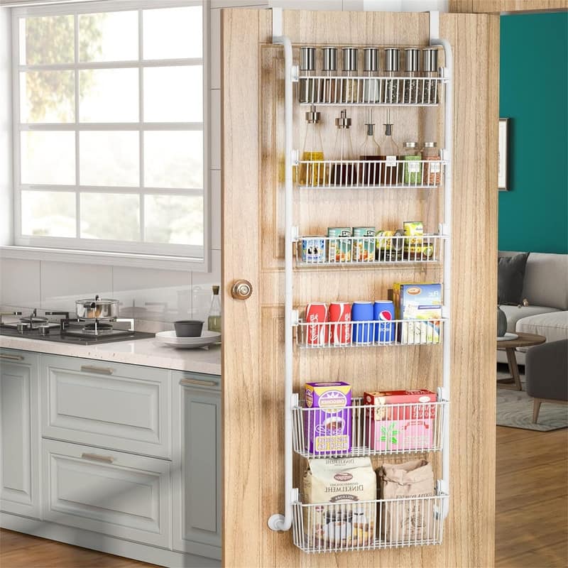 4 Baskets Over the Door Pantry Organizer Rack - 6.69"D x 17.12"W x 59.05"H - White 4x4.72"+2x5.9" Width Baskets