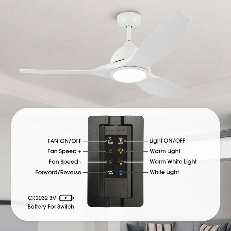 52" Modern White ABS 3-blade Propeller Ceiling Fan with Light and Remote