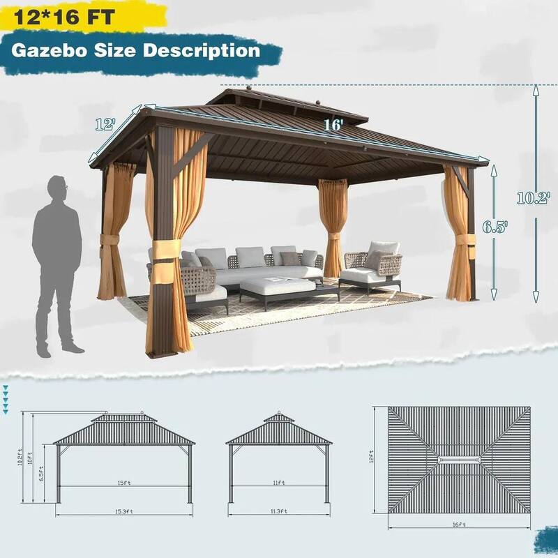 Erommy Pro Series Outdoor Galvanized Steel Roof Gazebo Pergola w/ Aluminum Frame & Vertical Rain Cutter