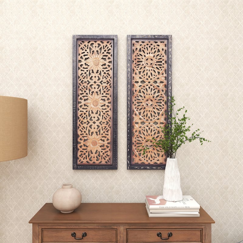 Wood Floral Handmade Intricately Carved Home Wall Decor - Set of 2 Brown - Roche River Decor