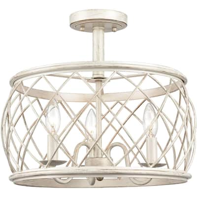 Treviso Farmhouse 3-Light Drum Semi Flush Mount Ceiling Light Metal Shade Antique White - Antique White